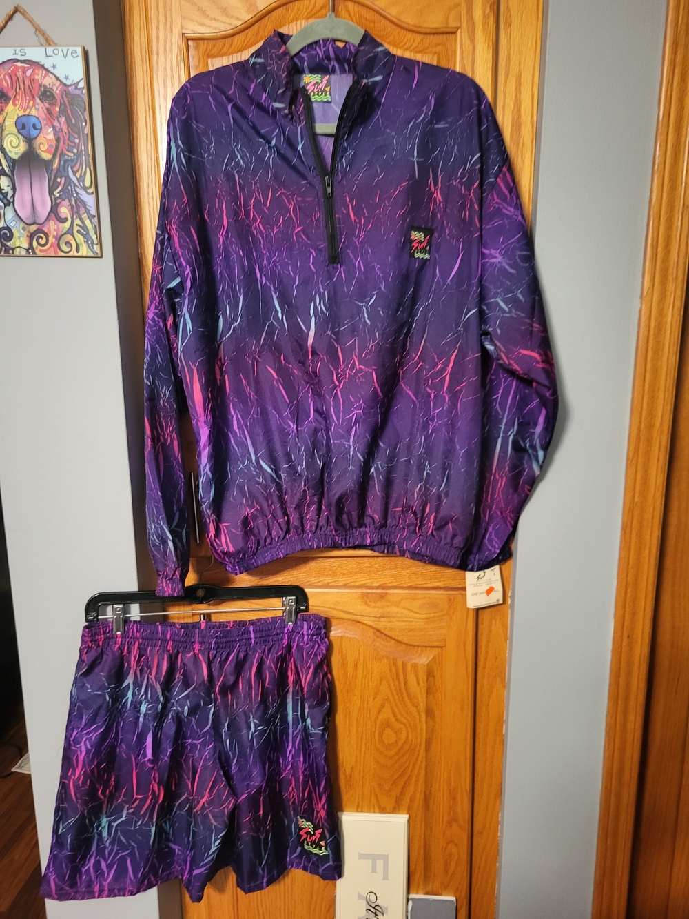 New VTG Surf Style Purple Iridescent Pullover Windbreaker Track Jacket & Shorts